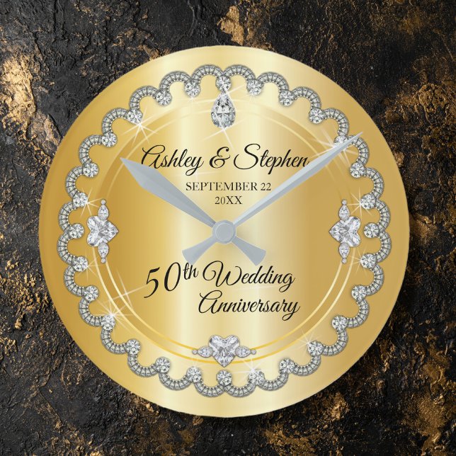 Elegant Gold Diamonds 50th Wedding Anniversary Round Clock (Creator Uploaded)
