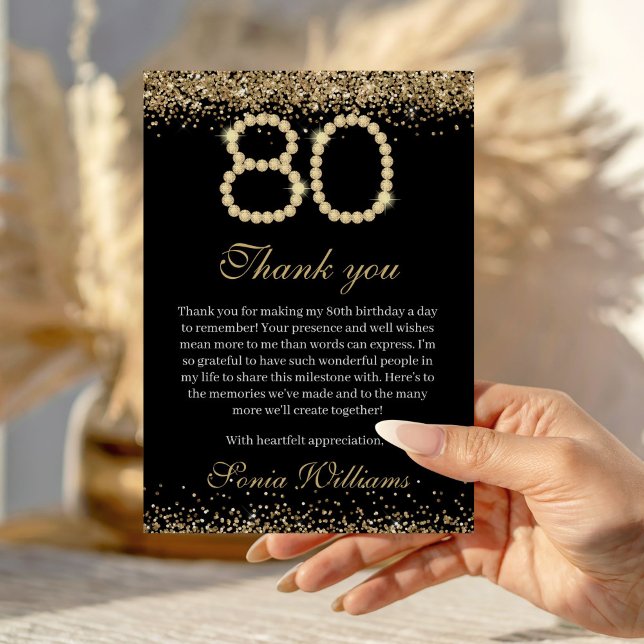 Elegant Gold Diamonds 80th Birthday Thank You Card (Elegant  black and Gold 80th Birthday Thank you card)