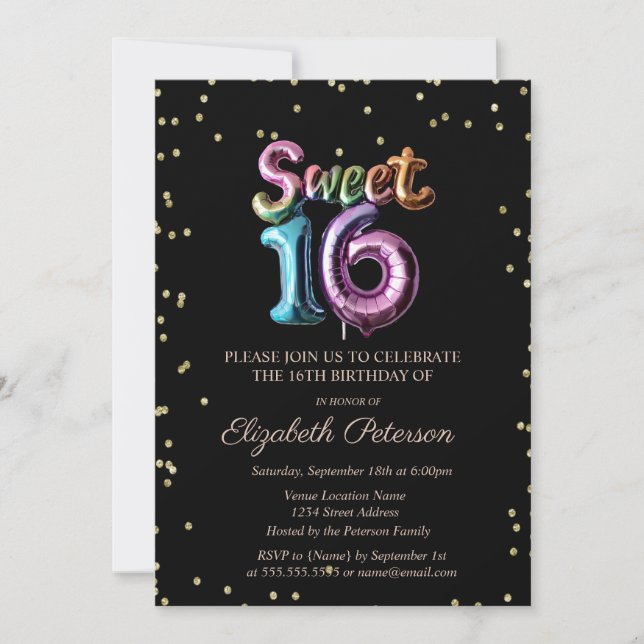Elegant Gold Diamonds Black Balloon Sweet 16 Invitation (Front)