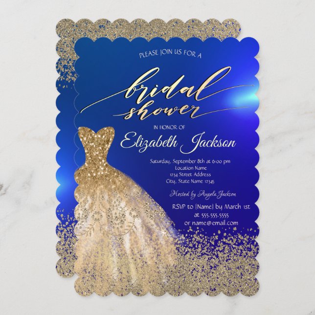 Elegant Gold Diamonds Dress Blue Bridal Shower  Invitation (Front/Back)