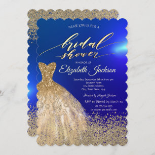 Elegant Gold Diamonds Dress Blue Bridal Shower  Invitation