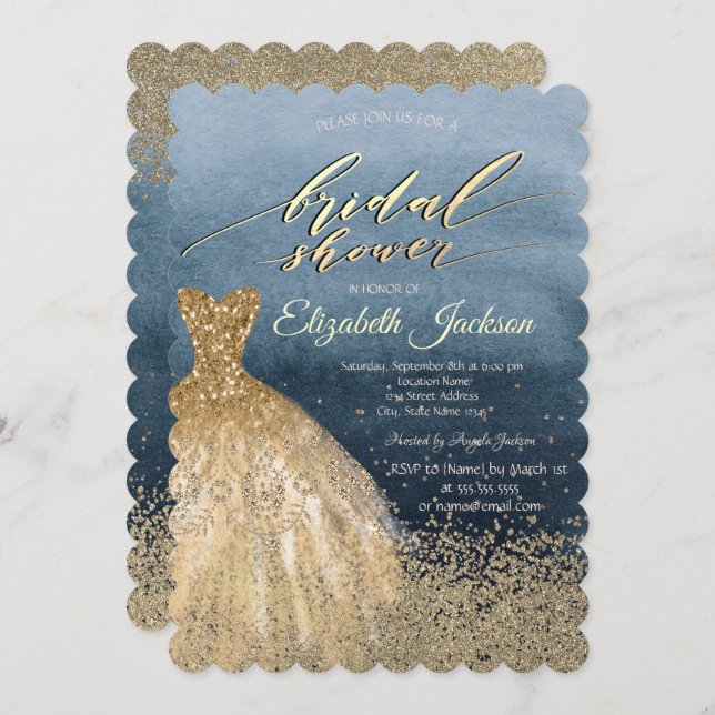 Elegant Gold Diamonds Dress Blue Bridal Shower  Invitation (Front/Back)