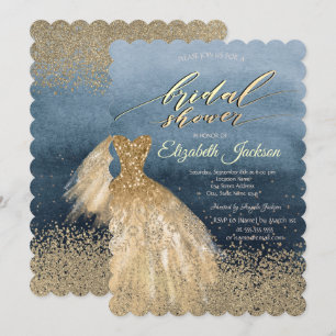 Elegant Gold Diamonds Dress Blue Bridal Shower  Invitation