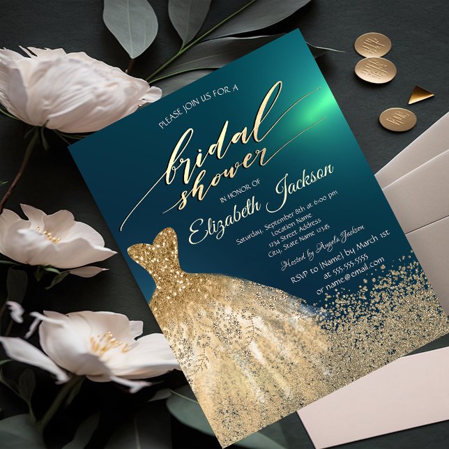 Elegant Gold Diamonds Dress Green Bridal Shower  Invitation (Creator Uploaded)