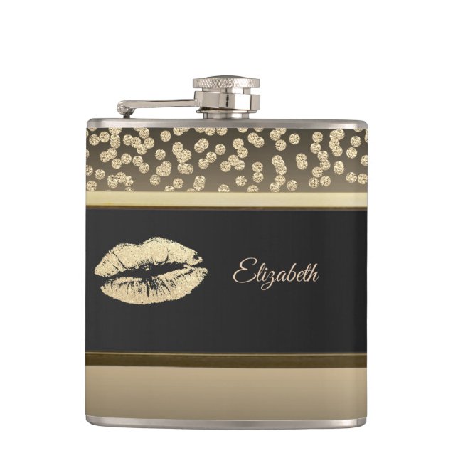 Elegant Gold Diamonds-Glittery Lip-Personalised Hip Flask (Front)