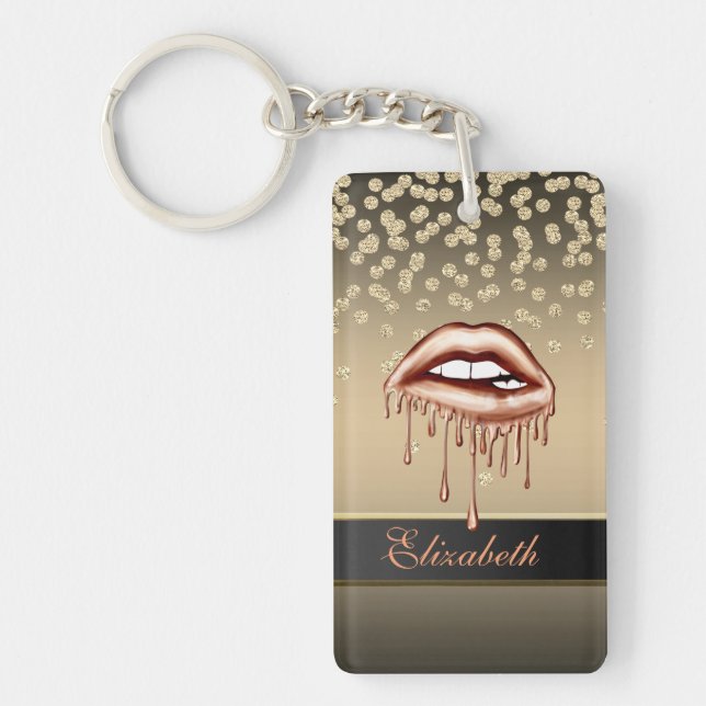 Elegant Gold Diamonds  Metallic Dripping Lips Key Ring (Front)