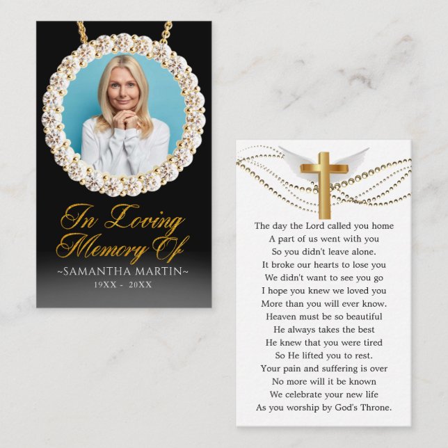 Elegant Gold Diamonds Photo Funeral Prayer Card (Front/Back)
