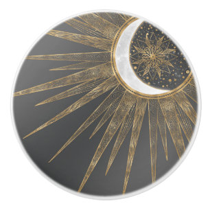 Elegant Gold Doodles Sun Moon Mandala Design Ceramic Knob