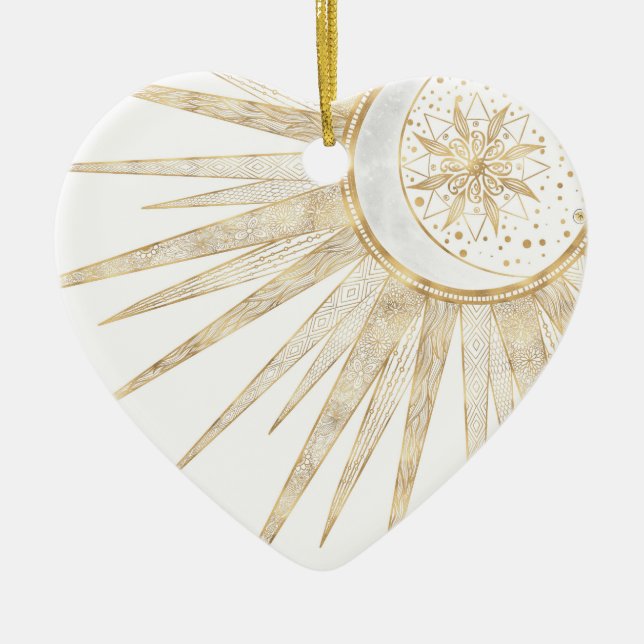 Elegant Gold Doodles Sun Moon Mandala Design Ceramic Ornament (Front)