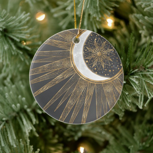 Elegant Gold Doodles Sun Moon Mandala Design Ceramic Ornament (Tree)