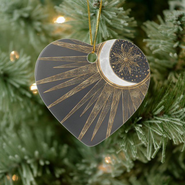 Elegant Gold Doodles Sun Moon Mandala Design Ceramic Ornament (Tree)