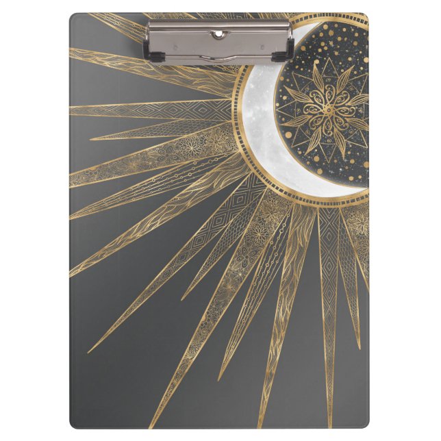 Elegant Gold Doodles Sun Moon Mandala Design Clipboard (Front)