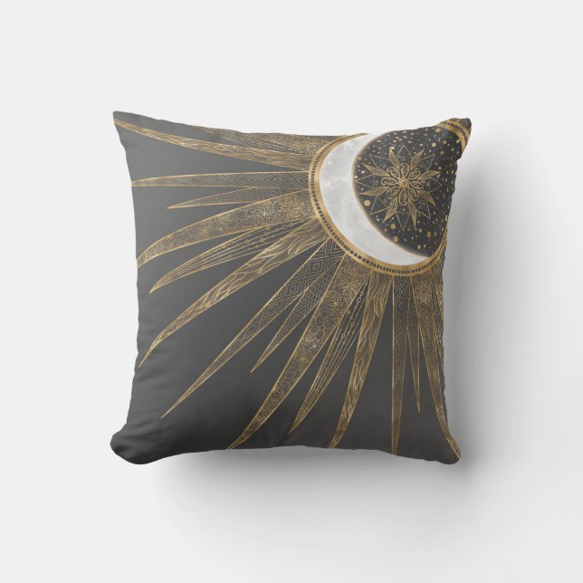 Elegant Gold Doodles Sun Moon Mandala Design Cushion (Front)