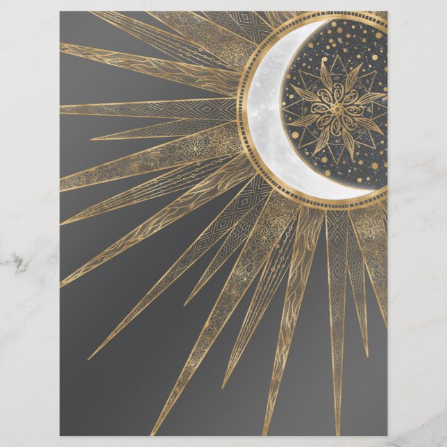 Elegant Gold Doodles Sun Moon Mandala Design Custom Letterhead (Front)