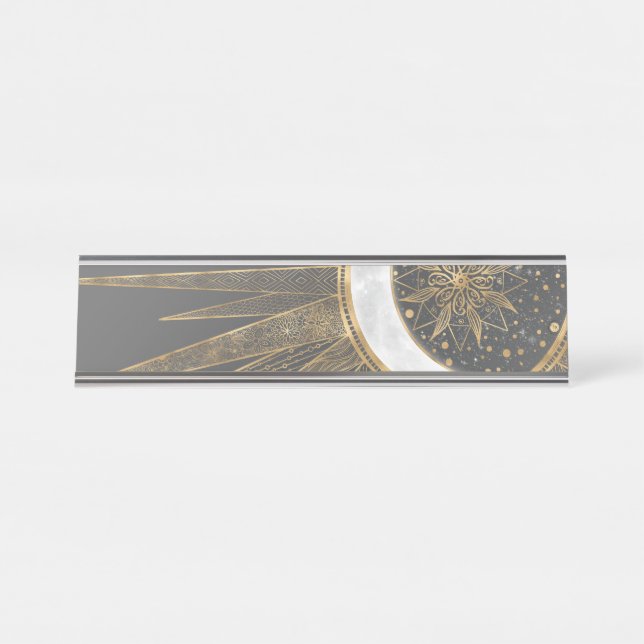 Elegant Gold Doodles Sun Moon Mandala Design Desk Name Plate (Front)