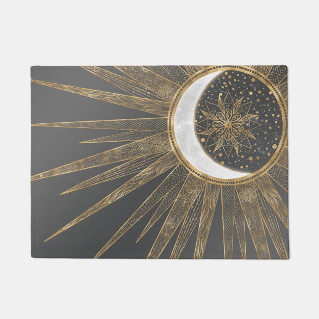 Elegant Gold Doodles Sun Moon Mandala Design Doormat (Front)