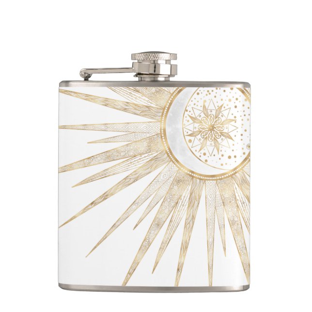 Elegant Gold Doodles Sun Moon Mandala Design Hip Flask (Front)