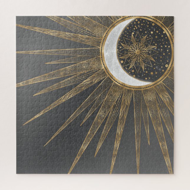 Elegant Gold Doodles Sun Moon Mandala Design Jigsaw Puzzle (Vertical)