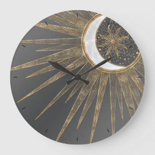 Elegant Gold Doodles Sun Moon Mandala Design Large Clock