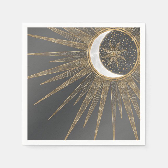 Elegant Gold Doodles Sun Moon Mandala Design Napkin (Front)