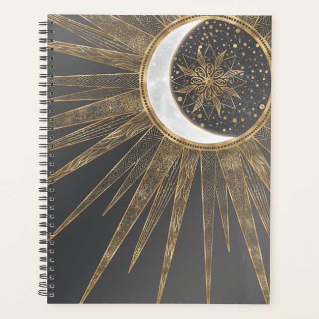 Elegant Gold Doodles Sun Moon Mandala Design Planner (Front)