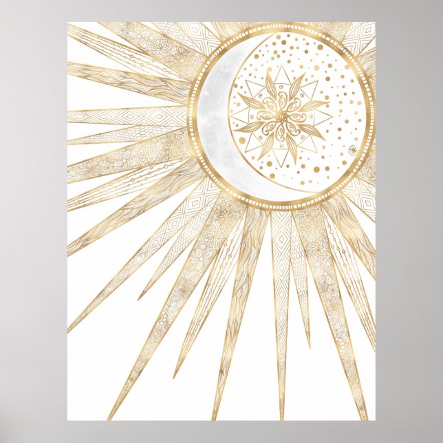 Elegant Gold Doodles Sun Moon Mandala Design Poster (Front)