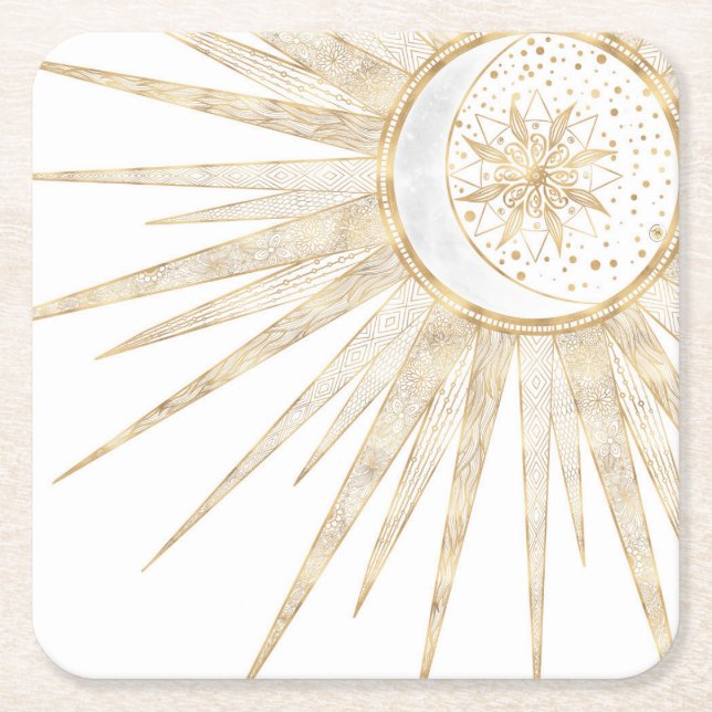 Elegant Gold Doodles Sun Moon Mandala Design Square Paper Coaster (Front)