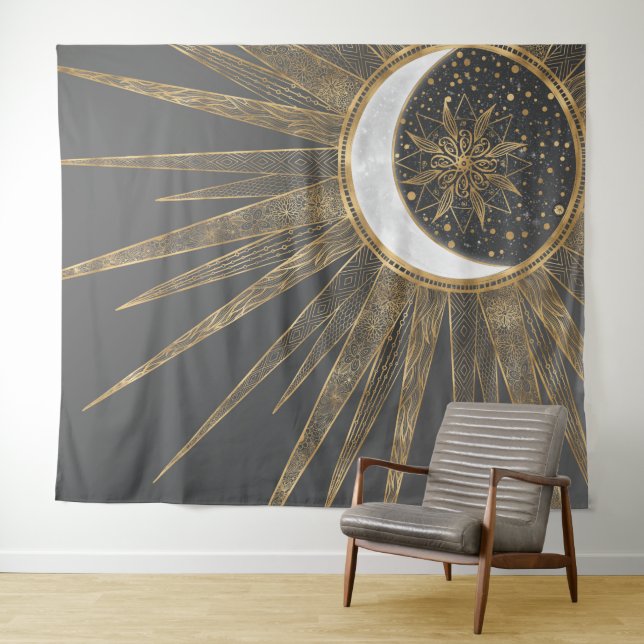 Elegant Gold Doodles Sun Moon Mandala Design Tapestry (In Situ (Horizontal))