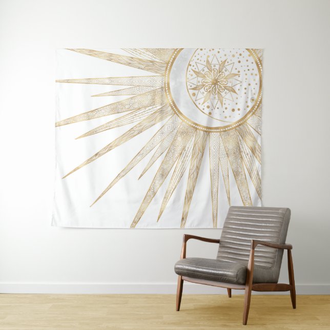 Elegant Gold Doodles Sun Moon Mandala Design Tapestry (In Situ (Horizontal))