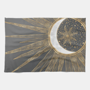 Elegant Gold Doodles Sun Moon Mandala Design Tea Towel