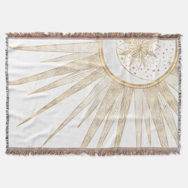 Elegant Gold Doodles Sun Moon Mandala Design Throw Blanket (Front)