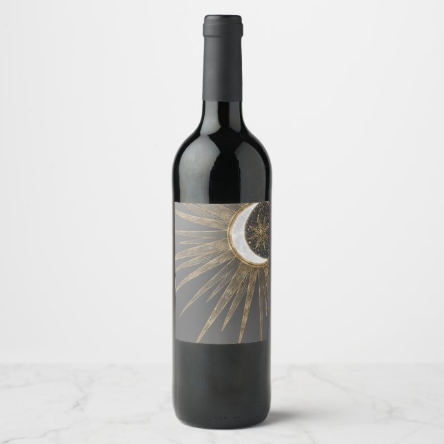 Elegant Gold Doodles Sun Moon Mandala Design Wine Label (Front)