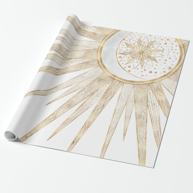 Elegant Gold Doodles Sun Moon Mandala Design Wrapping Paper (Unrolled)