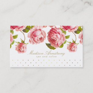 Elegant Gold Dots & Pink Roses Custom Business Card