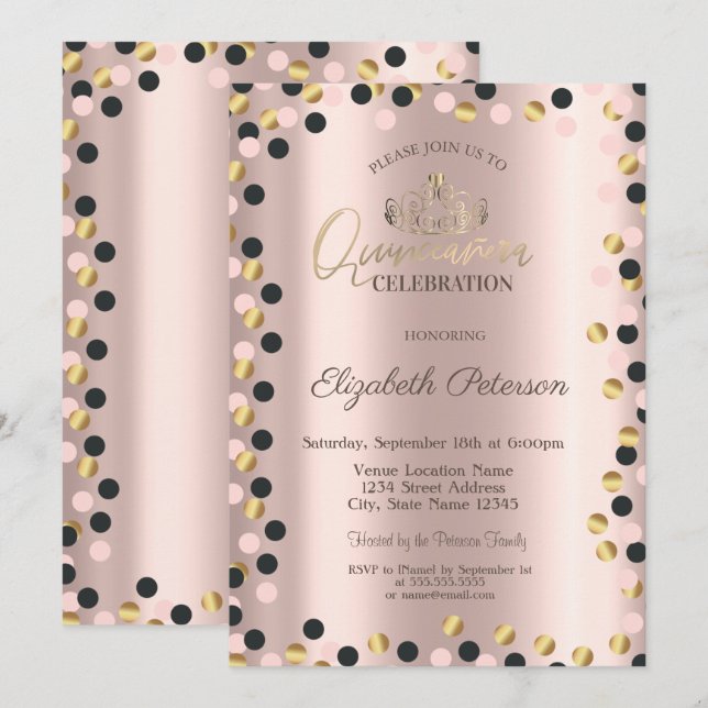 Elegant Gold Dots, Tiara,Rose Gold Quinceañera Inv Invitation (Front/Back)