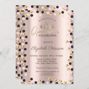 Elegant Gold Dots, Tiara,Rose Gold Quinceañera Inv Invitation