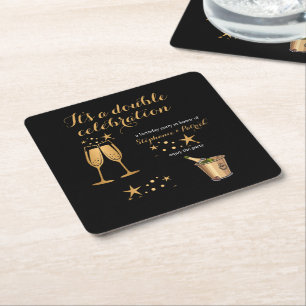 Elegant Gold Double Celebration Joint Birthday Square Paper Coaster