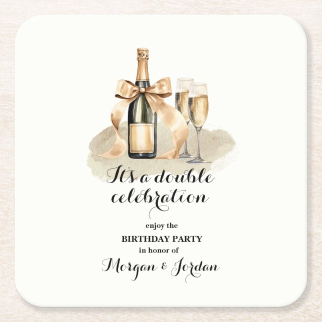 Elegant Gold Double Celebration Joint Birthday Square Paper Coaster (Front)