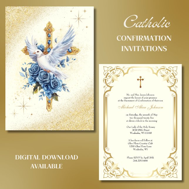Elegant Gold Dove Blue Roses Baptism  Invitation (Creator Uploaded)