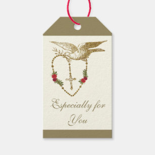 Elegant Gold Dove Holy Rosary Vintage Roses  Gift Tags