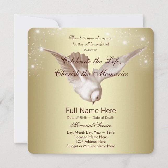 Elegant Gold Dove In Loving Memory Memorial Announcement (Front)