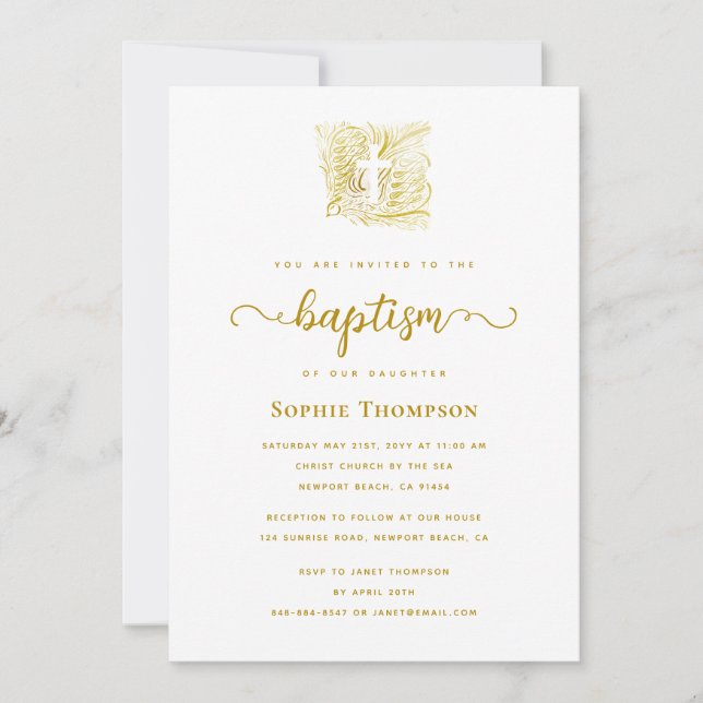 Elegant Gold Dove White Cross Religious Baptism Invitation (Front)