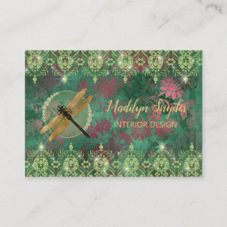 Elegant Gold Dragonfly on Green With Rhinestones Business Card