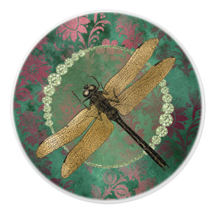 Elegant Gold Dragonfly on Green With Rhinestones Ceramic Knob