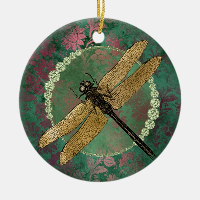 Elegant Gold Dragonfly on Green With Rhinestones Ceramic Ornament (Front)