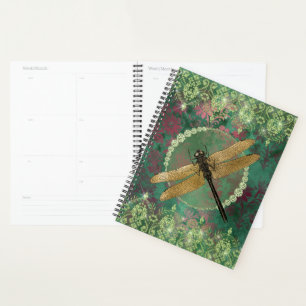 Elegant Gold Dragonfly on Green With Rhinestones Planner