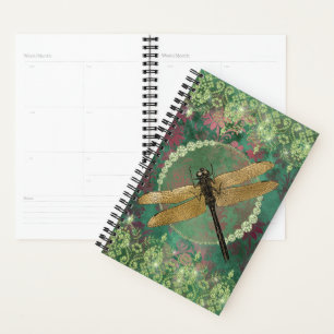 Elegant Gold Dragonfly on Green With Rhinestones Planner