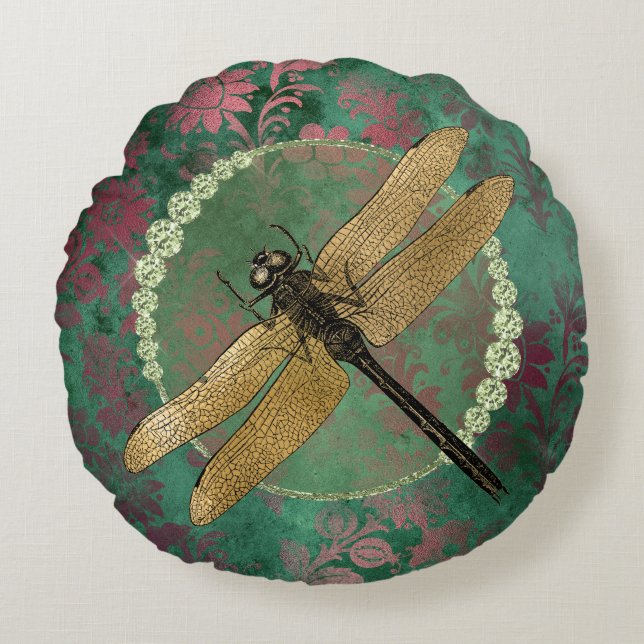 Elegant Gold Dragonfly on Green With Rhinestones Round Cushion (Front)