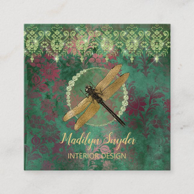 Elegant Gold Dragonfly on Green With Rhinestones Square Business Card (Front)