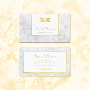Elegant Gold Dragonfly White Rose Marble Business Card